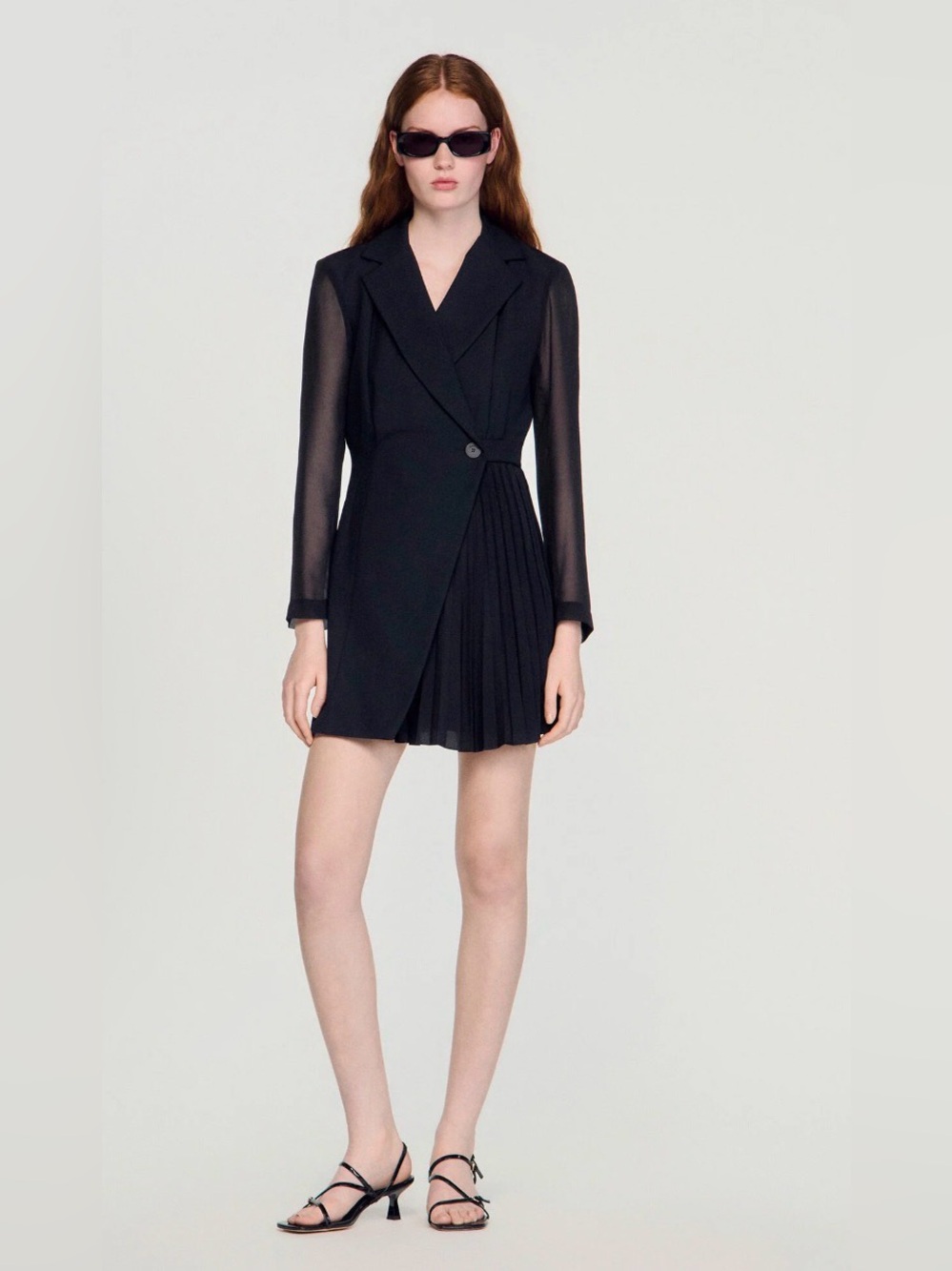 Sandro Black Sheer-Sleeve Pleated Wrap Mini Dress